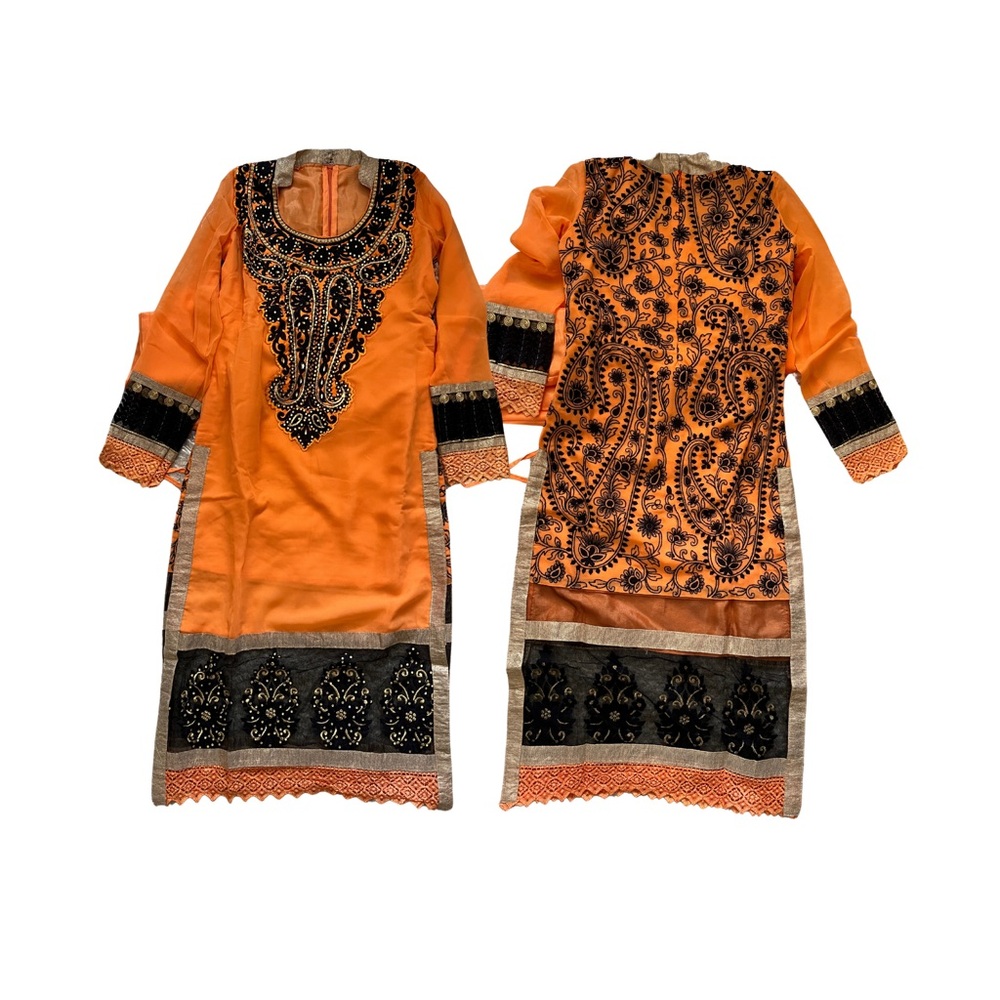 New Orange and Black Embroidered Georgette Salwar Kameez Women Size Small 34